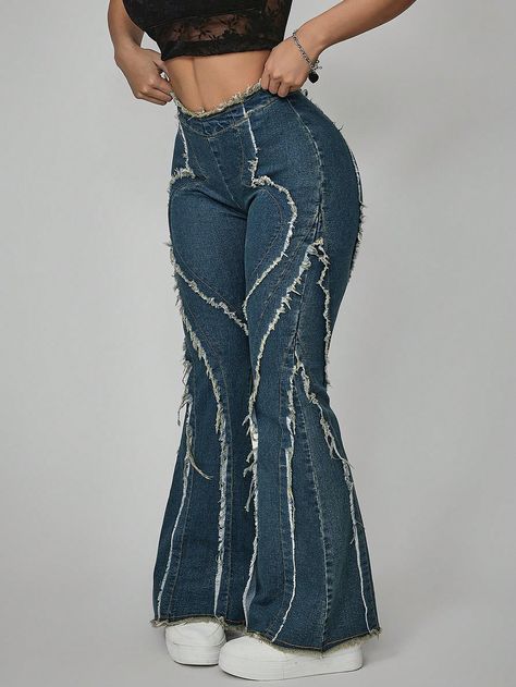 Women's Retro Distressed Hem Slim Fit Flare Jeans Blue Casual   Denim Plain,Striped,Textured Pattern Straight Leg High Stretch  Women Clothing, size features are:Bust: ,Length: ,Sleeve Length: American Casual Style, Fur Lined Denim Jacket, Work Outfits Frauen, Womens Denim Vest, Lined Denim Jacket, Outfits New Year, Western Style Outfits, American Casual, Summer Fashion Beach