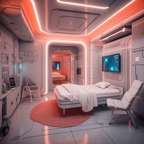 Futuristic Dormitory, Futuristic Bedroom Concept Art, Futuristic Hotel Room, Spaceship Interior Bedrooms, Spaceship Bedroom, Sci Fi Bedroom, Spaceship Aesthetic, Cyberpunk House, Pod Bed