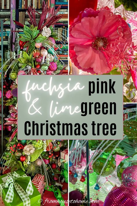 fuchsia pink and lime green christmas tree Aka Christmas Tree, Green And Pink Christmas Tree, Pink Red And Green Christmas, Pink And Green Christmas Tree, Hot Pink Christmas Tree, Lime Green Christmas Tree, Modern Christmas Tree Ideas, Christmas Pictures With Lights, Lime Green Christmas