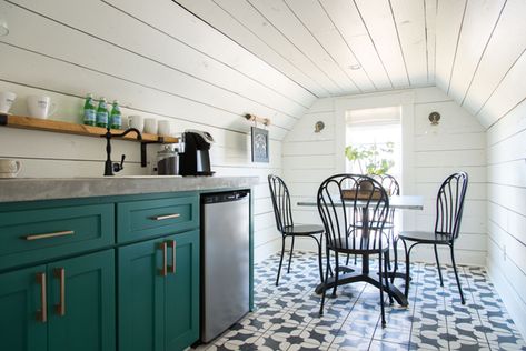 A little kitchen area is accessible to the three twin bedrooms and offers a pretty place to have morning coffee. Fixer Upper Bathroom, Magnolia House, Magnolia Paint, Farmhouse Fixer Upper, Farmhouse Kitchen Backsplash, Fixer Upper Kitchen, Fixer Upper House, French Country Kitchens, Revere Pewter