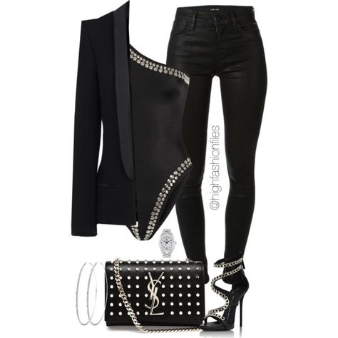 Black x Black by highfashionfiles on Polyvore featuring polyvore, fashion, style, Haider Ackermann, J Brand, Norma Kamali, Giuseppe Zanotti, Yves Saint Laurent, Rolex and clothing Style Party Night, Chique Outfit, Look Legging, Women's Outfits By Occasions, Traje Casual, Style Party, Black Women Fashion, Looks Chic, Mode Inspiration