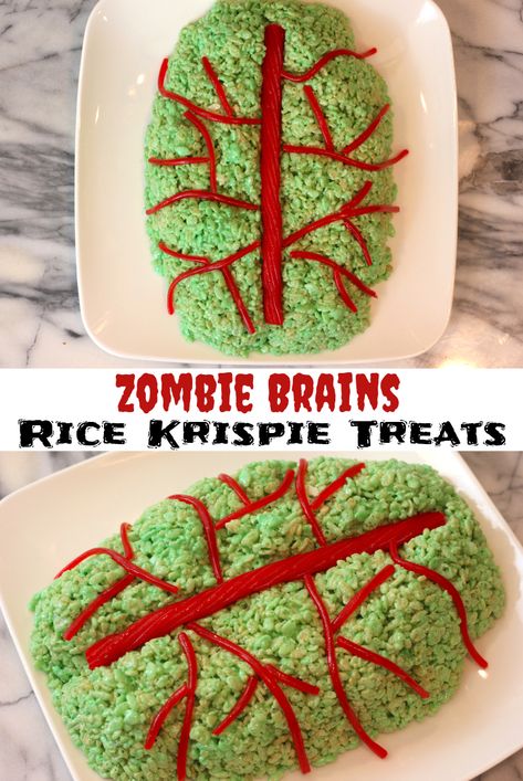 Rice Crispy Treat Recipe, Fun Halloween Recipes, Zombie Food, Zombie Brain, Halloween Rice Krispie Treats, Rice Crispy Treat, Rice Crispy Treats Recipe, Zombie Brains, Halloween Lunch