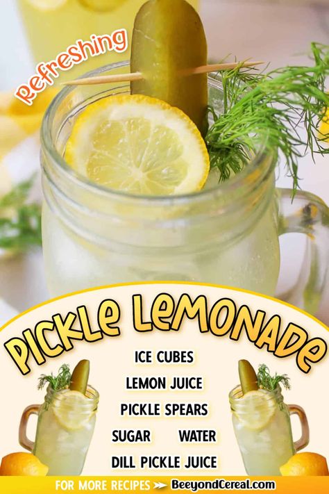 Dill Pickle Vodka Recipes, Pickle Tasting Party, Dill Pickle Lemonade, Pickle Dessert Recipes, Dill Pickle Popsicles, Pickle Snacks Ideas Easy, Pickle Food Recipes, Pickle Cocktail Drinks, Pickle Drinks Non Alcoholic