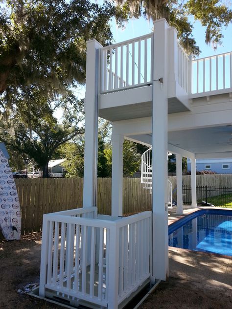 Providing top quality, non-corrosive solutions for outdoor lifts and cargo lifts. Best on outdoor elevators and cargo lifts on the gulf coast. Outdoor Elevator, Stilts House, Homes On Stilts, Beach House Stairs, Stilt House Plans, House Lift, Stair Lift, Elevator Interior, Elevator Design