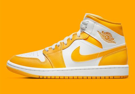 Air Jordan 1 Mid (W) "University Gold" now available online Jordan 1 University Gold, Air Jordan 1 Mid White, New Sneaker Releases, Jordan 1 Mid White, Nike Air Jordan 1 Mid, Gold Sneakers, Sneaker Release, Nike Air Jordan 1, Air Jordan 1 Mid