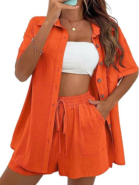 APAFES Women Summer Cotton Linen Short Sets 2 Piece Shorts Top Lounge Beach Vacation Two Piece Outfits Tracksuits Orange Set Outfit, Orange Two Piece Outfit, Orange Shorts Outfit, Pockets Fashion, Orange Shirt, Sleeves Clothing, Weave Style, Mini Short, Solid Color Shirt