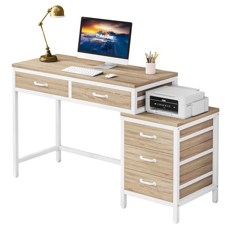 Reversible Computer Desk with 5 Drawers, Home Office Desk with File Cabinet Drawer Printer Stand - Bed Bath & Beyond - 37257762 Small Room Desk, File Cabinet Desk, Filing Cabinet Storage, Drawer Table, Pc Table, Printer Stand, Make Up Desk Vanity, Pc Desk, Drawer Cabinet