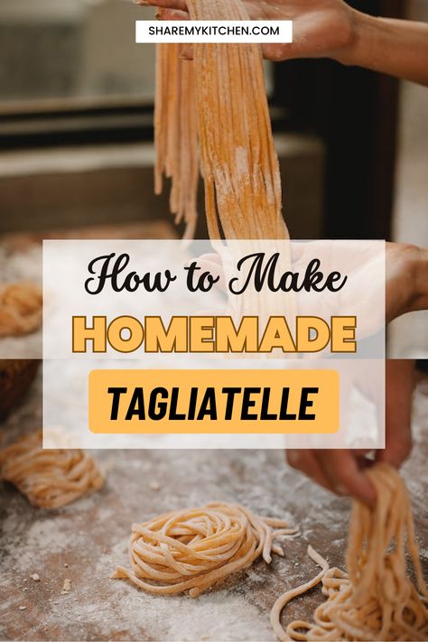 The text on image: How to Make Homemade Tagliatelle Homemade Tagliatelle Pasta, Homemade Tagliatelle, Tagliatelle Recipe, Pasta Makers, Tagliatelle Pasta, Pasta Dough, Pasta Maker, Easy Shape, Fresh Pasta