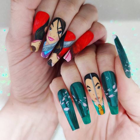 Mulan Nails, Character Nails, Princess Nails, Disney Inspired Nails, Disney Acrylic Nails, Disney Nail, Mulan Disney, Inspired Nails, Nail Art Set