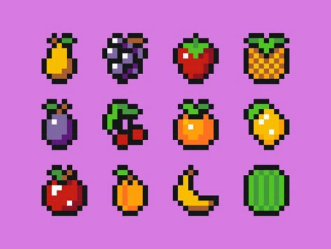 Fruits 8bit 8 Bit Aesthetic, Fruit Pixel Art, Pixel Art Food, Piskel Art, 8 Bit Art, Pixel Art Tutorial, Easy Pixel Art, 8bit Art, Cool Pixel Art