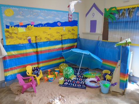 Beach role play area! Sea Dramatic Play, Seaside Role Play Eyfs, Under The Sea Role Play Area, Beach Theme Dramatic Play Preschool, Beach Role Play Eyfs, Beach Dramatic Play Preschool, Under The Sea Role Play, Beach Dramatic Play, Under The Sea Eyfs