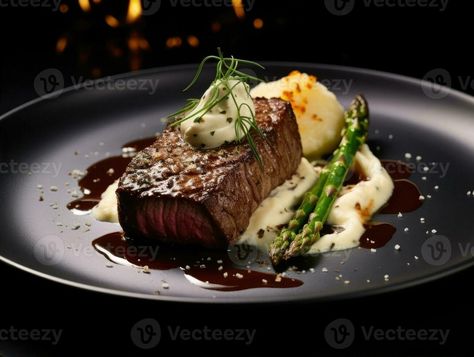 Steak with asparagus and mashed potatoes on plate in restaurant Steak With Mashed Potatoes Plating, How To Plate Steak And Mashed Potatoes, Restaurant Food Plating, Gourmet Recipes Fancy Steak, Steak Plates Ideas, Filet Mignon Plating, How To Plate Food, Steak Plating Presentation, Beef Steak Plating