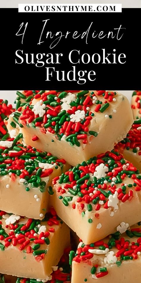 This Christmas cookie fudge is a super quick, easy and delicious sugar cookie fudge topped with festive red and green sprinkles. Like the name suggests, this cookie fudge is made using sugar cookie mix. Cookie Mix Fudge, Sugar Cookie Fudge Recipe Easy, Christmas Cookie Fudge Recipes, Christmas Cookie Fudge, Sugar Cookie Fudge Recipe, Fudge Made With Frosting, Christmas Fudge Ideas, Easy Christmas Fudge, Sugar Cookie Fudge