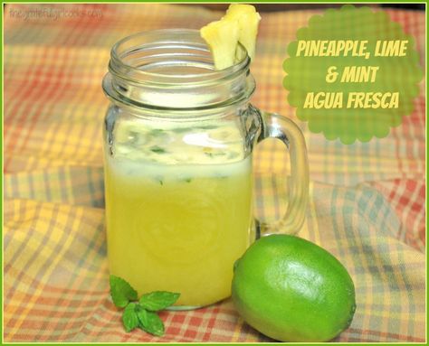 Pineapple, Lime & Mint Agua Fresca / The Grateful Girl Cooks! Make this refreshing beverage in 5 minutes, with fresh pineapple, lime, mint, and water!! Pineapple Mint Agua Fresca, Pineapple Mint Water, Lime Water Recipe, Fresh Fruit Drinks, Mint Drink, Lime Drinks, Pineapple Mint, Lime Water, Apple Mint