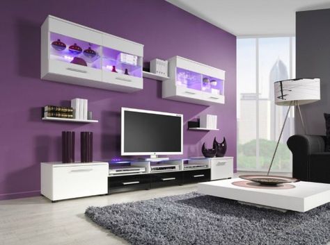 Purple ad Grey Living Room- Purple Accent Wall Tv Kastenwanden, Purple Girls Bedroom, Purple Girls Room, Design Ložnic, Purple Living Room, Floating Entertainment Center, Gaming Rooms, Modern Tv Wall Units, Living Room Wall Color