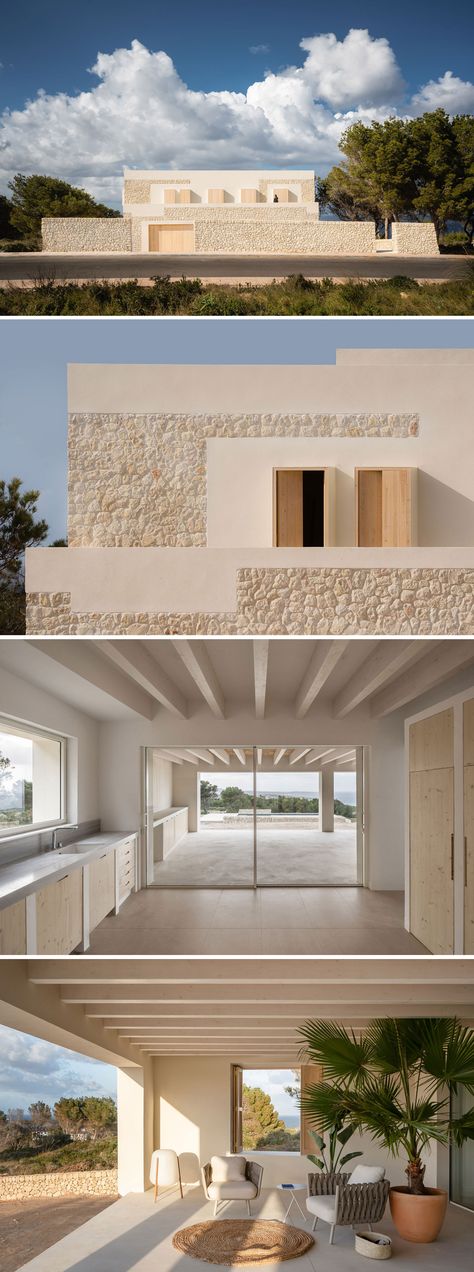 Built on a sloping hill in Menorca, Spain, Stone House offers its inhabitants stunning views of the coast and the sea. Barcelona and Stockholm-based architecture studio Nomo Studio designed the dwelling as a contemporary interpretation of vernacular houses, but with a distinctive character that sets it apart from traditional architecture. #architecture #spain #stone #modern Modern Vernacular Architecture, Minimal Houses, Tuscan Architecture, Menorca Spain, Steel Architecture, Exterior Color Palette, Architecture Elevation, Studio Build, Stone Facade