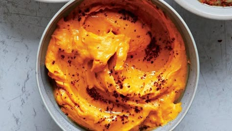 Grilled Sweet Potato Baba Ghanoush Recipe | Bon Appetit Baba Ghanoush Recipe, Sumac Recipes, Baba Ganush, Grilled Vegetable Recipes, Sweet Potato Recipes Healthy, Baba Ghanoush, Grilled Sweet Potatoes, Healthy Thanksgiving Recipes, Potato Puree