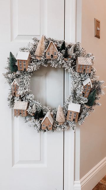 Snowy Wreath Ideas, Wreath With Houses, Wreath Decorating Ideas Christmas, Anthropologie Wreath, Mini Wooden Houses, Small Christmas Wreath, Village Wreath, Wreath Decorating Ideas, Flocked Wreath