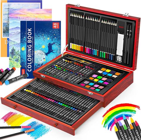 【Premium Quality, Deluxe Art Kit】The Deluxe art case has everything you need to get started creating in a compact wooden case! You can begin drawing, coloring and painting as soon as you open the box. Specially designed with 2 big sketchbooks, 1 coloring book, 1 Gift Box. Great art set for any level of artist. This art case makes a great Gift for adults and kids, girls and boys, they are going to have so much fun!
【Well Packed in Gift Box】 Wooden Art Box, Drawing & Painting Kit, Crafts Drawing, Sketching Tools, Watercolor Books, Art Pencils, Sketch Pad, Drawing Pad, Craft Products