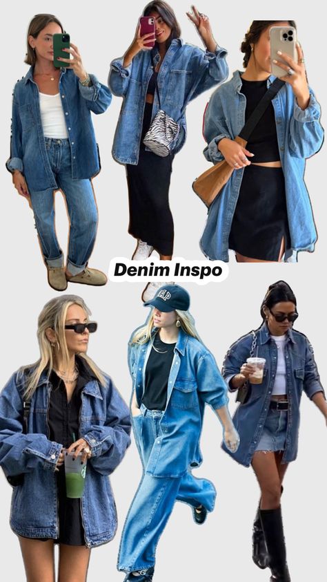 Denim shirt & jacket inspiration Big Denim Jacket Outfit, Oversized Denim Jacket Outfit, Outfits Show, Denim Shirt Jacket, Oversized Denim Shirt, Denim Jacket Outfit, Denim Shirts, Oversized Denim Jacket, Jacket Outfit