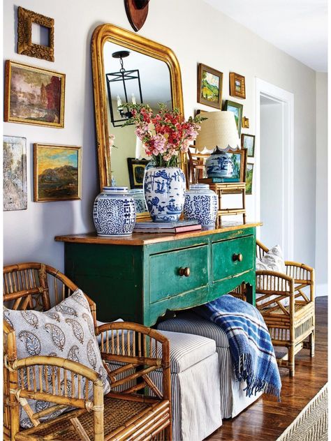 Styling Rattan Furniture, Maximalist Decor Entryway, Santa Barbara Interior Design Style, Maximalist Coastal, Boho Decor Ideas, Curated Home, Maximalist Decor, Home Space, An Architect