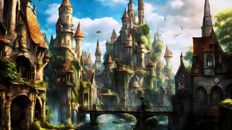 desktop wallpaper with theme of middleware era Fantasy Desktop Wallpaper, Wallpaper Fantasy, Fantasy Town, High Fantasy, Sci Fi Fantasy, Desktop Wallpaper, Sci Fi, Quick Saves