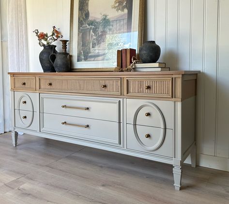 Taupe Furniture, Dresser Inspo, Antique Brass Pulls, Italian Classic Furniture, Classic Dresser, Furniture Makeover Inspiration, Luxury Console Table, Classic Dressers, Mid Century Modern Sideboard