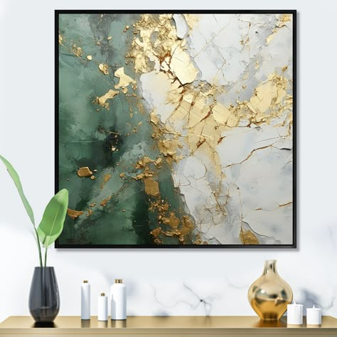 This beautiful "Gold And Green Paint Fusion" Framed Canvas Art is printed using the highest quality fade resistant ink on canvas. Every one of our Abstract Framed Wall art is printed on premium quality cotton canvas. Green Gold Painting, Elegant Abstract Art, Large Abstract Painting Modern, Green And Gold Painting, Paintings With Gold, Canvas Art Green, Paintings On Canvas Abstract, Abstract Wall Art Living Room, Green Abstract Painting