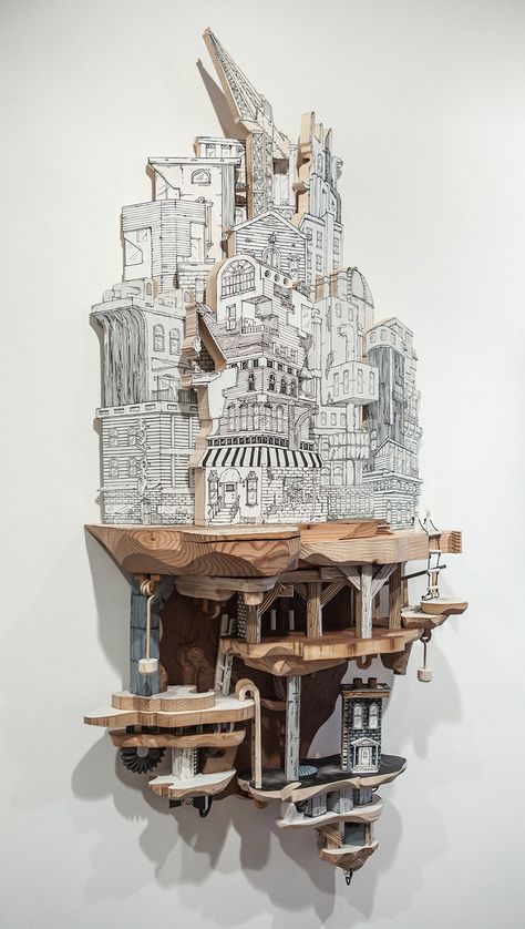 Luke O'Sullivan uses a combination of drawings and sculptural carvings to construct wondrous urban landscapes. His extensive metropolitan pieces strike a b Architectural Sculpture, Cardboard Sculpture, Toy Art, Cardboard Art, Building Art, A Level Art, Art Sculpture, Art Plastique, Architecture Drawing