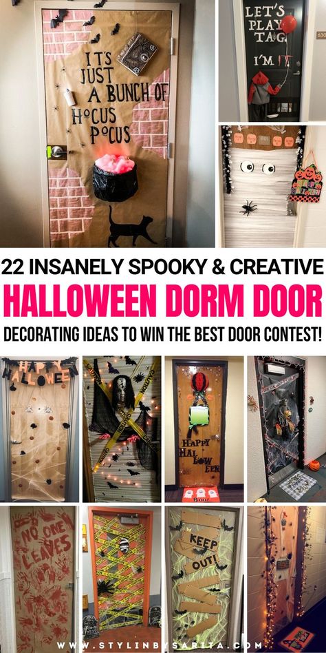 halloween dorm door decorations Decorate Door For Halloween, Halloween Dorm Door Ideas, Scary Door Decorations, Halloween Door Decorations Contest, Nurse Door Decorations, Dorm Door Ideas, Dorm Door Decor, Apartment Halloween Decorations, Scary Door