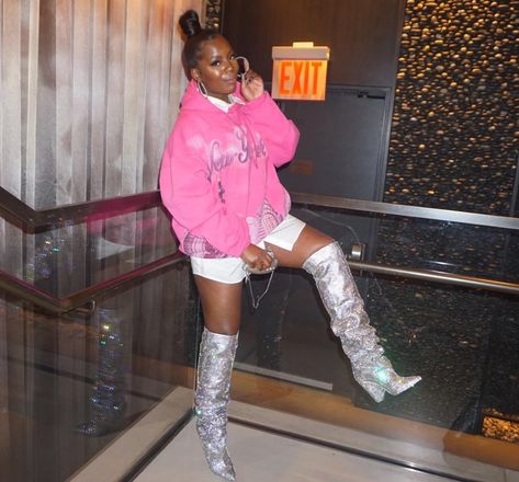 YSL Swarovski Crystal Boots Sliver Boots Outfits Black Women, Metallic Boots Outfit Street Style, Rose Gold Boots Outfit, Silver Thigh High Boots Outfit, Bling Boots Outfit, Metallic Boots Outfit Black Women, Pink Metallic Boots Outfit, Pink Boots Outfit Black Women, Glitter Boots Outfit Night