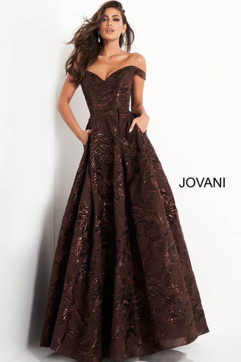 Gown With Pockets, Jovani Gown, Off Shoulder Gown, Ball Gown Skirt, Embellished Gown, Quality Dresses, Pageant Dresses, Dress Cover, Brown Dress