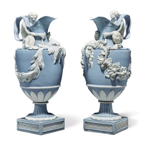 A PAIR OF WEDGWOOD BLUE AND WHITE JASPERWARE 'WATER' AND 'WINE' EWERS CIRCA 1785-90 | Wedgwood and Beyond: English Ceramics from the Starr Collection | Ceramics & Glass | Sotheby's Wedgewood China, Wedgwood Pottery, Wedgwood China, Wedgwood Blue, Ceramic Artwork, Water Into Wine, Stoneware Vase, October 23, Antique Porcelain