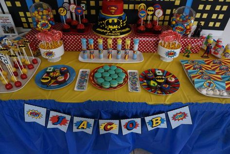 Jacob's superhero birthday  | CatchMyParty.com Heroes Birthday Party, Superhero Birthday Party Ideas, Superhero Birthday Party Decorations, Lollipop Cake, Superhero Birthday Cake, Avenger Birthday Party, Party Dessert Table, Avengers Birthday, Birthday Desserts