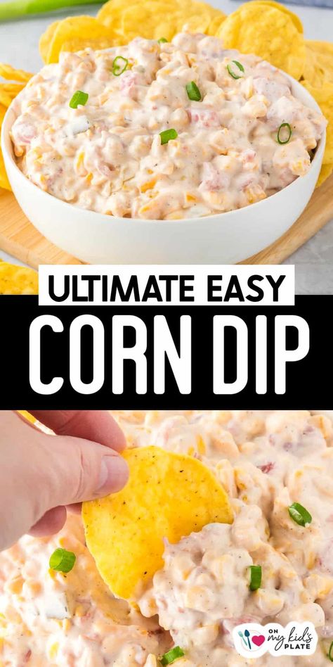 Creamy corn dip with Rotel tomatoes, sour cream, and cheddar cheese is a party favorite! Use canned corn, fresh corn or frozen corn that has been defrosted. This dip isn't the prettiest, but it packs flavor! It's so delicious that once you start dipping with tortilla chips or Fritos, you may not be able to stop! Corn Dip Recipe With Rotel, Cream Corn Dip, Rotel Corn Dip, Corn Chip Dip, Corn Dip With Rotel, Corn Cream Cheese Dip, Dip With Rotel, Corn Dip With Fritos, Cold Corn Dip