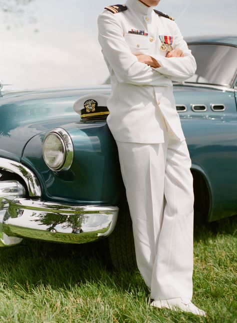 My groom a US Naval Officer and our wedding ride a vintage 1950's Buick Special. Naval Officer Uniform, Naval Officer Wedding, Navy Officer Aesthetic, Navy Officer Wedding, Seaman Wedding, Navy Military Wedding, Navy White Uniform, Navy Military Weddings, Wedding Ride