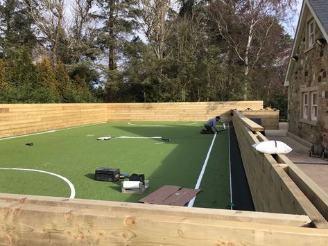 Football Pitch | Heritage Designer Landscapes Back Garden Football Pitch, Astro Turf Football Pitch, Soccer Backyard Ideas, Home Football Pitch, Garden Football Pitch, Backyard Soccer Field, Astro Turf Garden, Backyard Field, Backyard Soccer