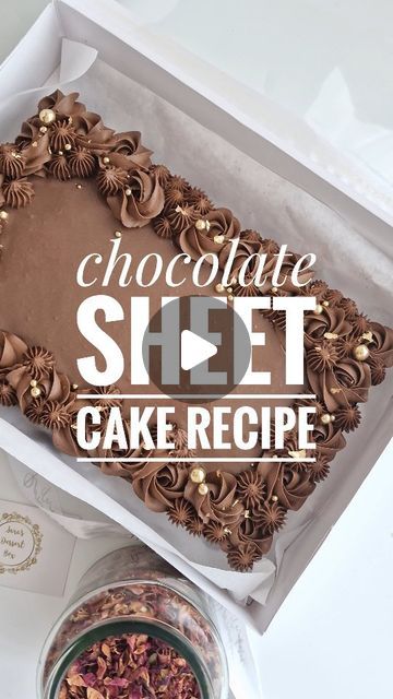 Sara's Dessert Box | Rahima on Instagram: "Perfect chocolate sheet cake recipe for a 12x8 inch tray 🤗   Ingredients: - 250g unsalted butter - 250g dark chocolate (at least 70% cocoa solids), chopped - 300g granulated sugar - 5 large eggs - 180g plain flour - 35g cocoa powder - 3/4 teaspoon baking powder - Pinch of salt - Optional: buttercream for piping - recipe in another reel, just scroll through my reels  Optional - top layer chocolate ganache - recipe is pinned in the comment.   Instructions: 1. Preheat your oven to 180°C (350°F) and grease or line a 12x8 inch baking tray.  2. In a heatproof bowl, melt the butter and chopped dark chocolate together over a pot of simmering water, stirring occasionally until smooth. Alternatively, you can melt them in the microwave in short bursts, stir Decorated Sheet Cakes For Men, Chocolate Sheet Cake Designs, Rectangle Chocolate Cake Design, Chocolate Theme Cake, Chocolate Sheet Cake Decoration, Sheet Cake Designs Birthday, Buttercream For Piping, Chocolate Cake With Name, Chocolate Traybake