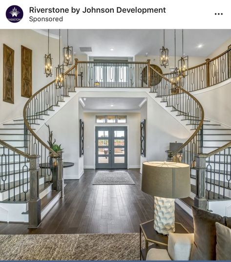 Double staircase Normal Kitchen Design, Non Modular Kitchen, Curved Staircase Foyer, Kitchen Rack Design, Normal Kitchen, Luxury Houses Entrance, Double Staircase, Luxurious Homes, Planned Community