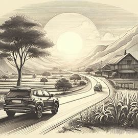 CAR DRIVING ON ROAD AND THE THE AREA HAS A BEAUTIFUL SURROUNDINGS SKETCH - Image Creator from Microsoft Designer Car On A Road Drawing, Drive Sketch, Drive Drawing, Road Drawing, Car Driving, Car Drawings, Create Sign, Colorful Drawings, Create Image