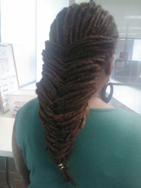 Fishtail braid with locs Loc Fishtail Braid, Fishtail Braid Locs, Fishtail Locs, Loc Styles For Short Hair, Unique Loc Styles, Locs Jewelry, Braid Locs, Men Locs, Dread Styles