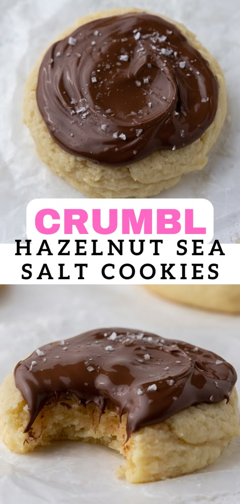 Crumbl Cookie Copycat Nutella, Salt Cookies Recipe, Copycat Cookie Recipes, Salt Cookies, Nutella Chocolate Chip Cookies, Crumbl Copycat, Sea Salt Cookies, Hazelnut Recipes, Crumble Cookie Recipe