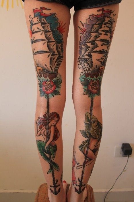 Get a mermaid tattoo. Tattoo Pirate, Ship Tattoos, Tato Tradisional, Best Leg Tattoos, Mermaid Tattoo Designs, Kunst Tattoos, Nautical Tattoo, Tattoos Geometric, Leg Tattoo Men