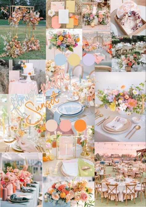 Light Color Wedding Scheme, French Spring Wedding, Champagne And Pastel Wedding, Colorful Classy Wedding, Sunset Color Scheme Wedding, Light Blue Spring Wedding, September Wedding Colors Schemes, Wedding Pallet Ideas Colour Schemes, Wildflower Color Palette Wedding