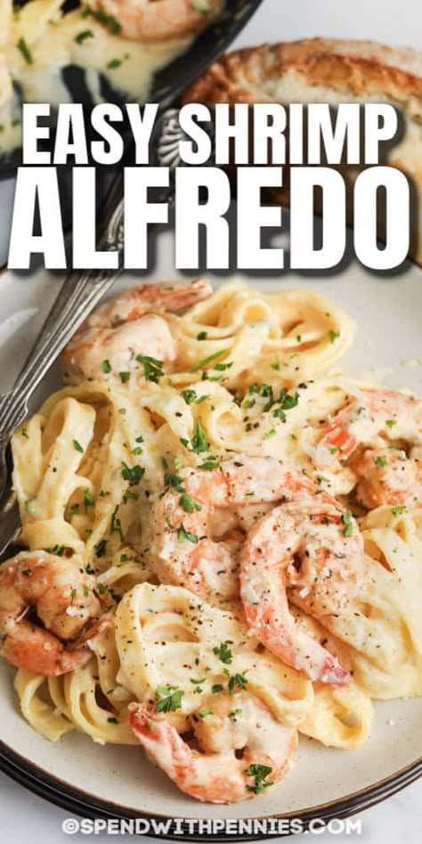 Tasty Shrimp Alfredo is a cheesy dish that always pleases. Serve it with a crispy salad and a loaf of homemade garlic bread for a full meal. #spendwithpennies #shrimpalfredo #entree #recipe #pasta #easy #homemade #saucerecipe #fettucine #redlobster #sauce #onepot #copycat #creamy #best Shrimp And Asparagus Alfredo, Shrimp Alfredo Pasta With Jar Sauce, Crispy Salad, Easy Shrimp Alfredo, Shrimp Alfredo Recipe, Shrimp Fettuccine, Pasta Easy, Homemade Garlic Bread, Creamy Pasta Dishes