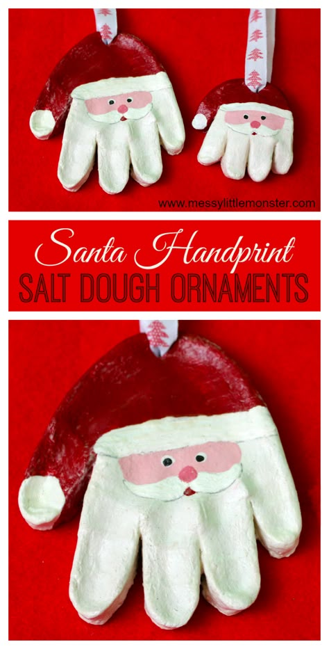 Santa salt dough handprint ornaments. Use our easy salt dough recipe to make salt dough ornaments. Santa handprint ormaments make the best Christmas santa crafts for kids! making salt dough crafts for babies, toddlers and preschoolers is easy and they make adorable first christmas ornaments. Salt Dough Handprint Ornaments, Salt Dough Handprint, Santa Handprint, Baby Christmas Crafts, Salt Dough Recipe, Handprint Ornaments, Kids Christmas Crafts, Christmas Crafts For Toddlers, Salt Dough Ornaments