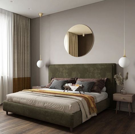 Green Bed Frame Decor, Bedroom With Green Bedframe, Khaki Headboard Bedroom, Edgy Green Bedroom, Dark Green Bed Frame, Green Bedframe Bedroom Ideas, Olive Green Bed Frame, Green Bed Back Board, Olive Green Headboard