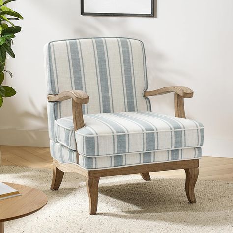 Amazon.com: HULALA HOME Upholstered Accent Chair, Mid-Century Modern Striped Chair with Graceful Curves and Wooden Legs, Comfy Lounge Armchair Striped Accent Chairs for Living Room, Bedroom (Blue) : Home & Kitchen Farmhouse Style Chairs, Sunroom Decor, Real Wood Furniture, Bedroom Blue, Striped Chair, Wood Bedroom Furniture, Cozy Spot, Elegant Chair, Upholstered Accent Chairs