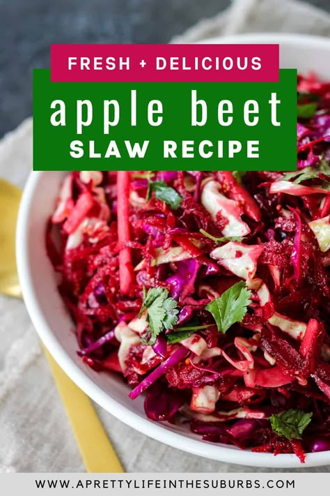 This Apple Beet Slaw is a crunchy, flavourful and fresh salad!  It's delicious served alongside ribs and barbecued meats.  A perfect summery side dish. Beet Slaw, Healthiest Vegetables, Apple Salad Recipes, Beet Salad Recipes, Slaw Recipe, Fresh Beets, Summer Side Dish, Beetroot Salad, Beet Recipes