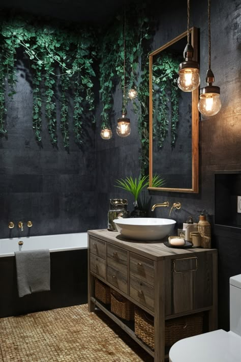 Bring nature indoors with a bold, forest-inspired bathroom. Pair textured dark walls with lush greenery and rustic wooden details for a cozy yet modern jungle vibe. #ForestInspiredBathroom #IndustrialElegance #BathroomRetreat #RusticCharm #GreenBathroomDecor #UrbanJungle #NaturalWarmth #BathroomInspiration #DarkBathroomDesign #ModernBathroom Black Jungle Bathroom, Dark Ocean Themed Bathroom, Black And Turquoise Bathroom, Forest Green And Gold Bathroom, Black And Emerald Bathroom, Greenery Bathroom Ideas, Bathroom Forest Theme, Dark Tropical Bathroom, Forest Inspired Bathroom